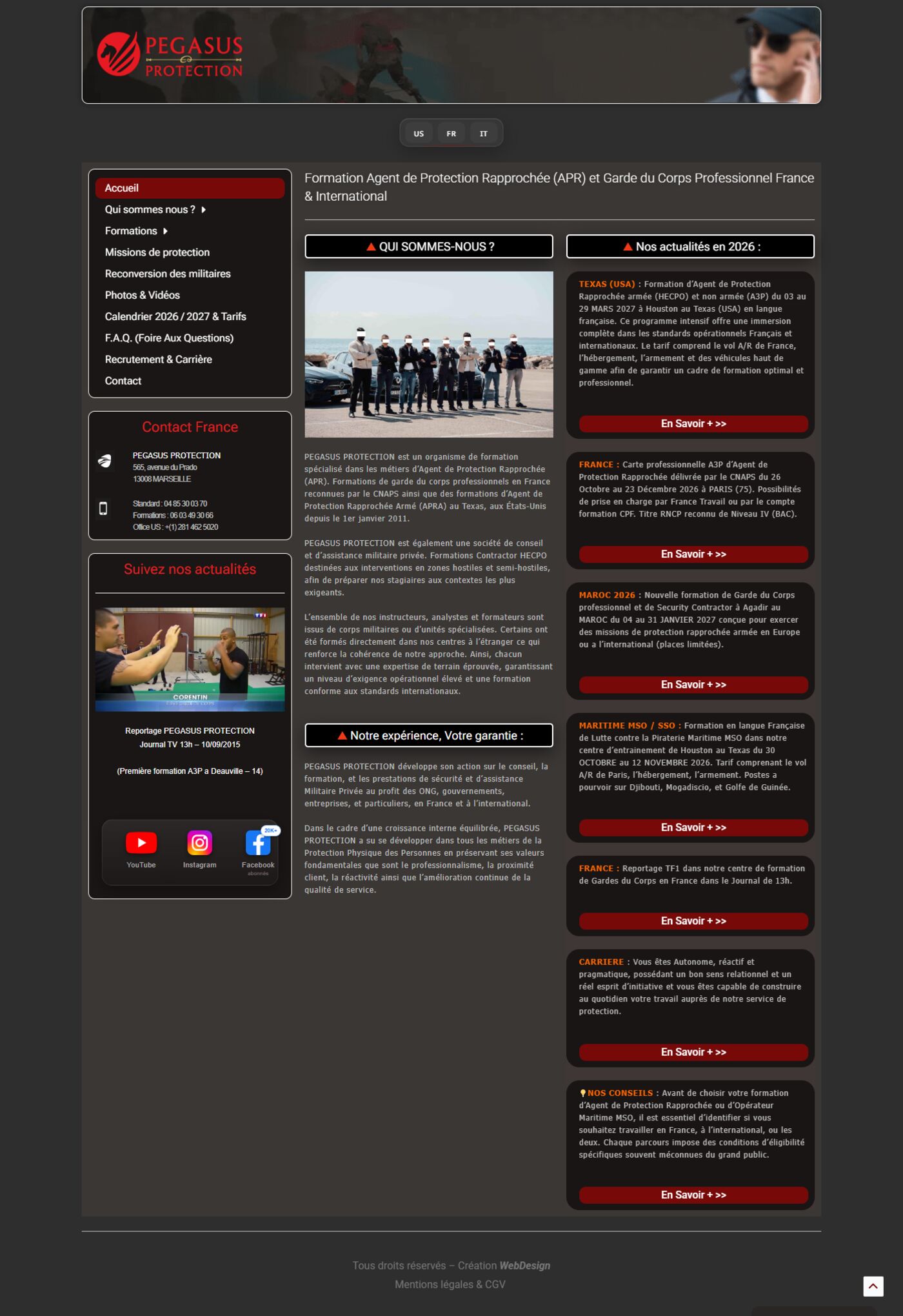 Page d'accueil du site pegasus-protection.com réalisé par Silomino
